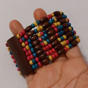 Jamaican Style Multicolor Wood Beads Wide Stretch Bracelet